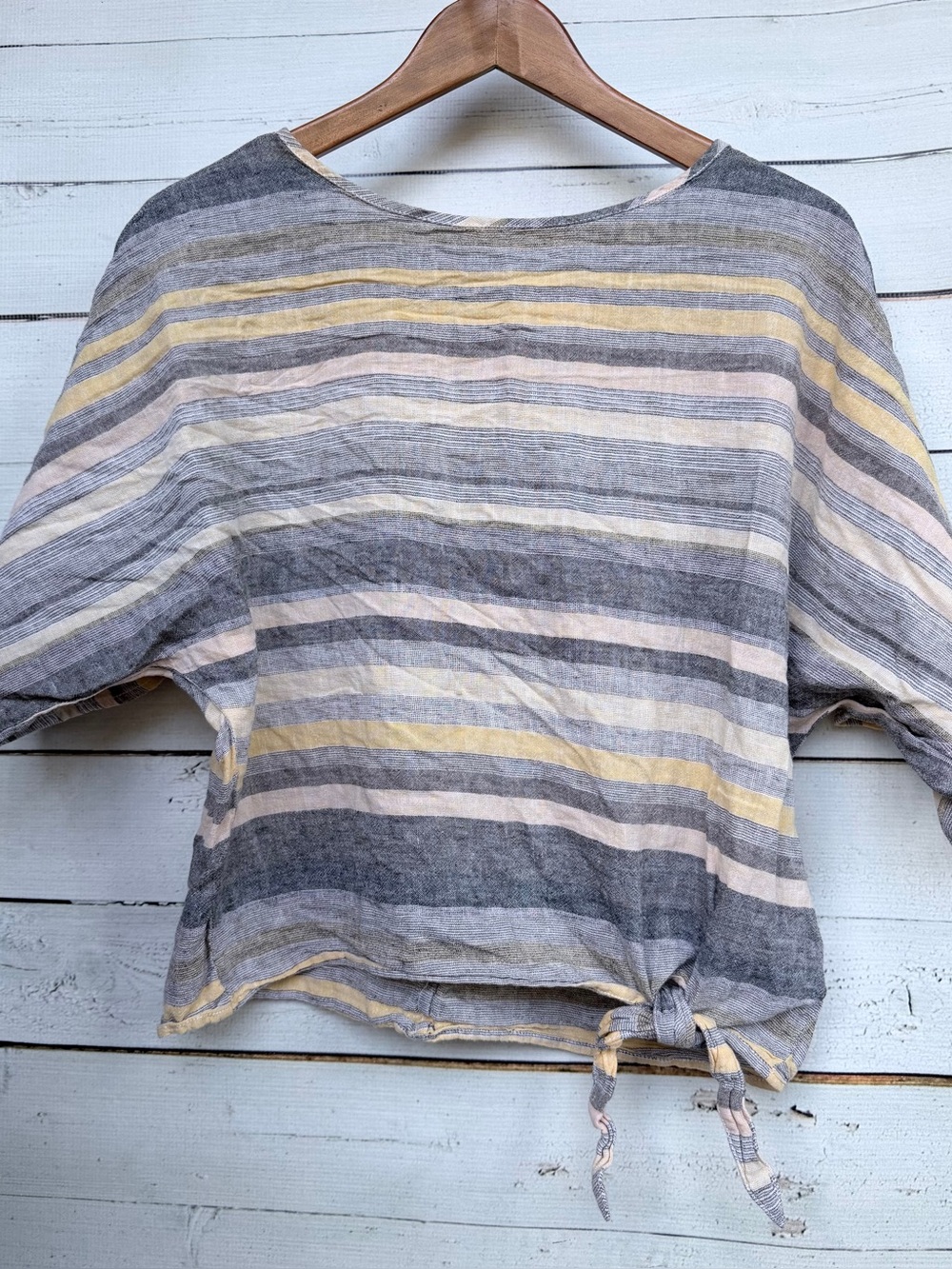 Beachlunchlounge Striped Linen Blend Boat Neck Tie Front Dolman Sleeve - Small